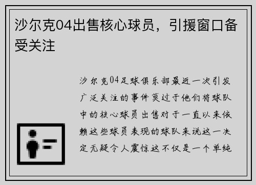 沙尔克04出售核心球员，引援窗口备受关注