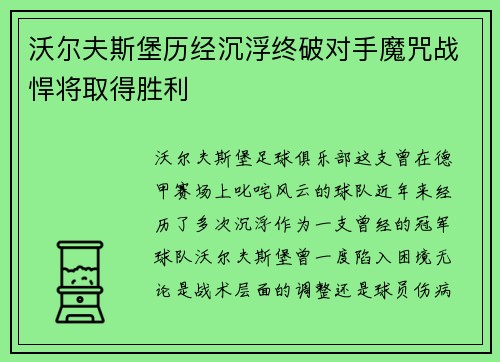 沃尔夫斯堡历经沉浮终破对手魔咒战悍将取得胜利